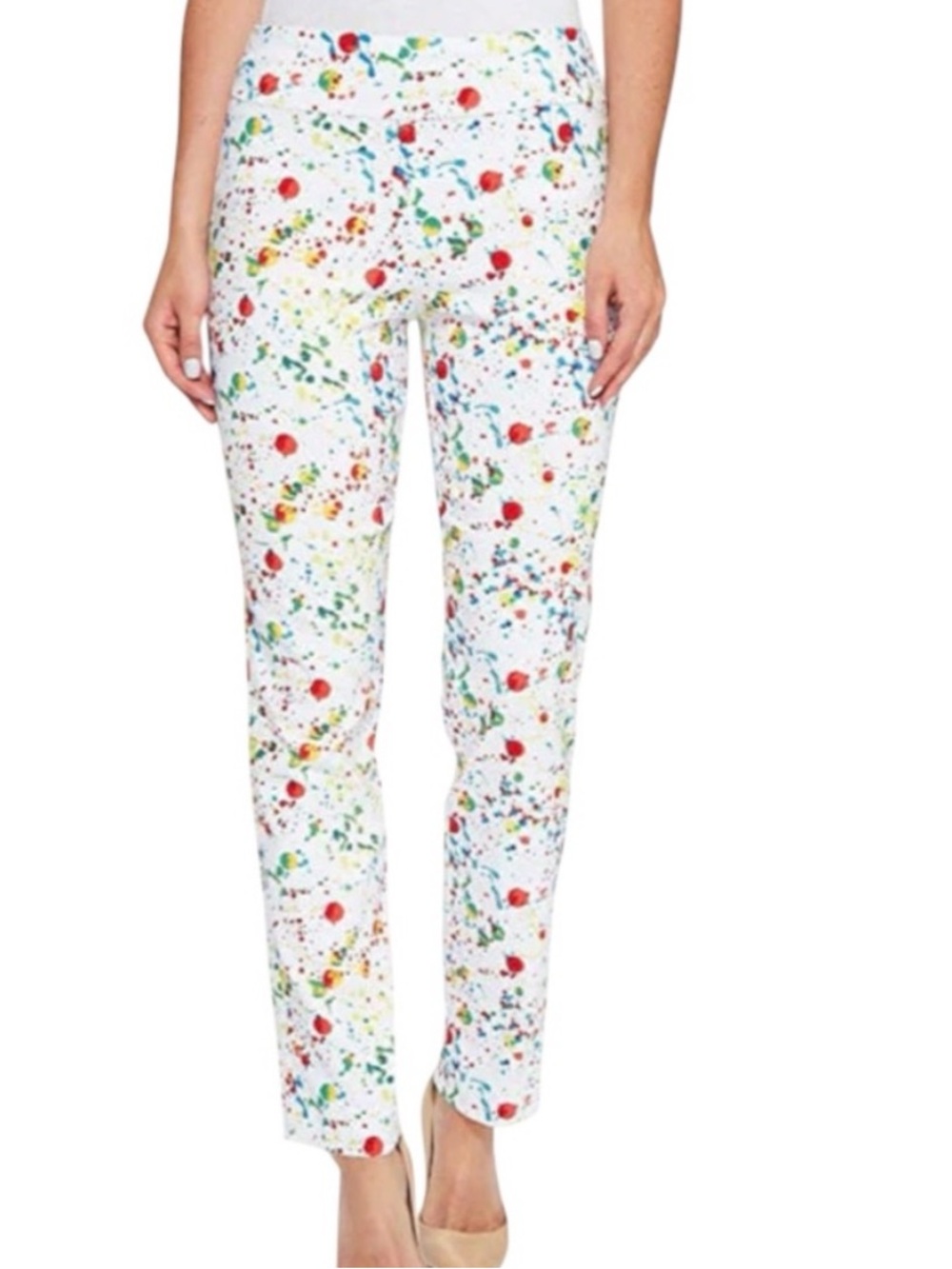 Krazy Larry Paint Splatter Pull On Ankle Pants Stretch White Size 4 Like New - Picture 3 of 8